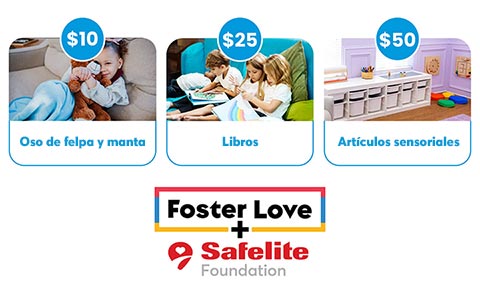 Gráfico que ilustra en qué se utilizan las donaciones de Foster Love y Safelite Foundation: $10 para un oso de peluche y una manta, $25 para libros, $50 para artículos sensoriales.